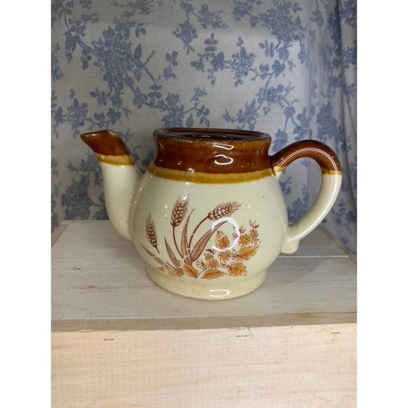 Vintage Teapot 1970s Brown Tan Country Wheat Floral Ceramic - Picture 10 of 11
